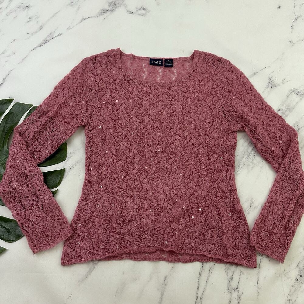 Hillard Hanson Womens Vintage Y2k Sweater Size M Pink Wool Blend Sequins Sheer